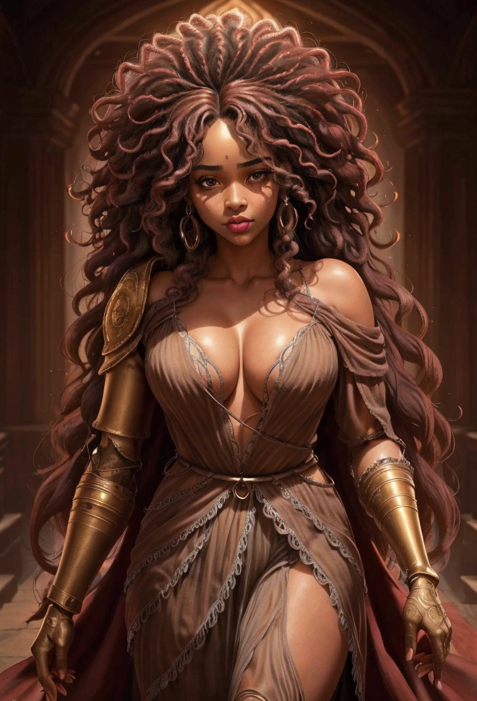 Create a mesmerizing image of a stunning woman with deep brown skin and long, voluminous Afro-curly hair cascading down her shoulders. She locks her gaze directly into the camera, her eyes full of intensity and allure. Her lips are slightly parted, revealing her tongue as a glistening strand of saliva slowly drips down, tracing a delicate path along her lower lip before beginning to fall. The scene is sensual and evocative, with the lighting subtly highlighting the sheen of the saliva, the fullness of her lips, and the texture of her curls. The background is soft and blurred, ensuring all attention is drawn to her powerful and captivating presence.