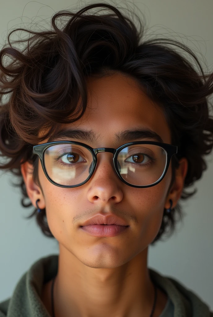 One with brown eyes, dark brown curly hair with dark blonde highlights, with glasses and brown skin