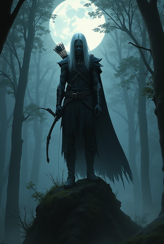 Create the image of a teenage dark elf in a fantasy setting. He is on top of a tall, massive tree, with a threatening expression. His skin is dark gray and he has long, straight white hair., partially hidden by a dark hood. His face is partially covered by a mask that goes up to his neck.. He wears tight-fitting leather armor, perfect for blending into shadows, and holds a thin, well-crafted bow, with a quiver of arrows on his back. His eyes glow faintly, and the surrounding scenery is a dense, dark forest under a moonlit sky."