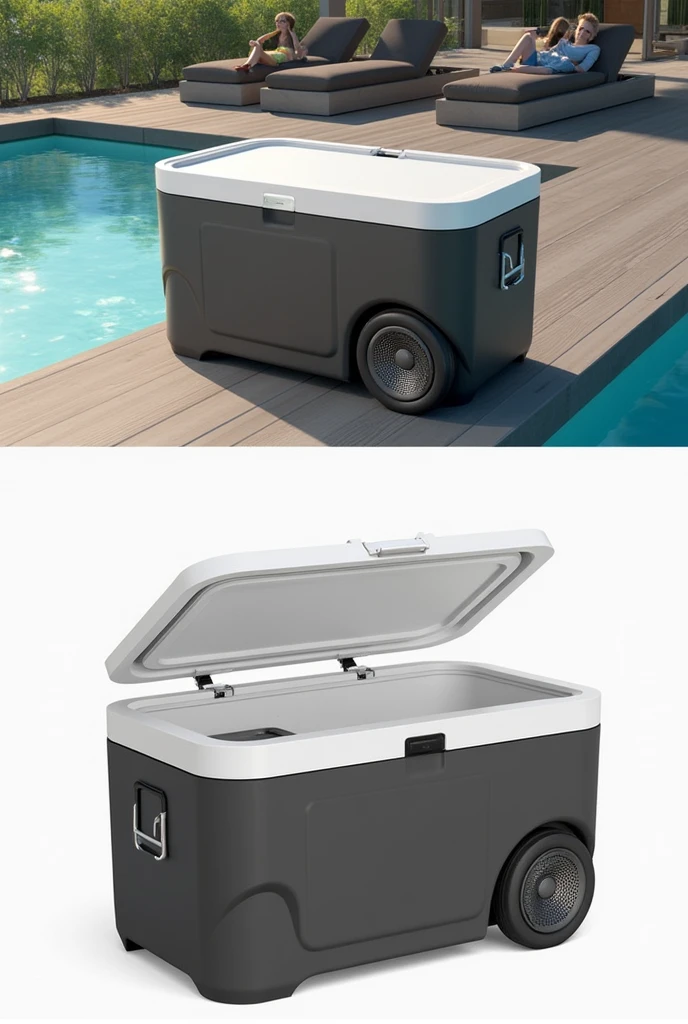 a cooler box capable of becoming a table with a speaker on the front and the optional removable wheels for outdoor use, such as beaches and swimming pools with a cover