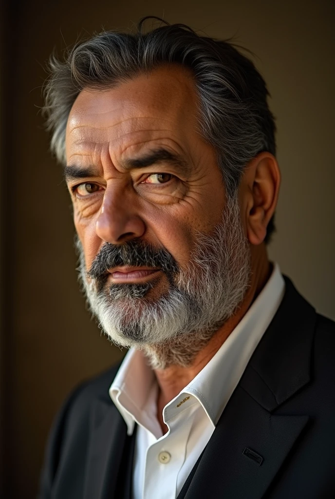 image of President Saddam Hussein a salt-and-pepper beard and deep-set eyes, wearing a crisp white shirt and a dark suit, stares directly at the camera with a serious expression. His gaze is intense, conveying a sense of determination and authority.  The lighting is soft and natural, highlighting the textures of his skin and clothing.

[A portrait capturing the essence of strength and authority, reminiscent of the work of  Richard Avedon], [Soft, diffused lighting, emphasizing the textures of the fabric and the man's skin, with a blurred background, creating a sense of depth and mystery. The colors are rich and saturated, evoking a sense of power and control.]