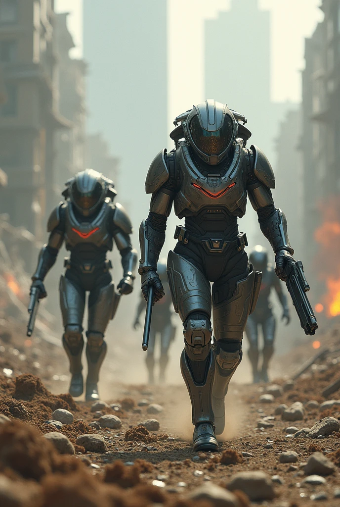 Soldiers armed with futuristic advanced armor fighting in a destroyed environment