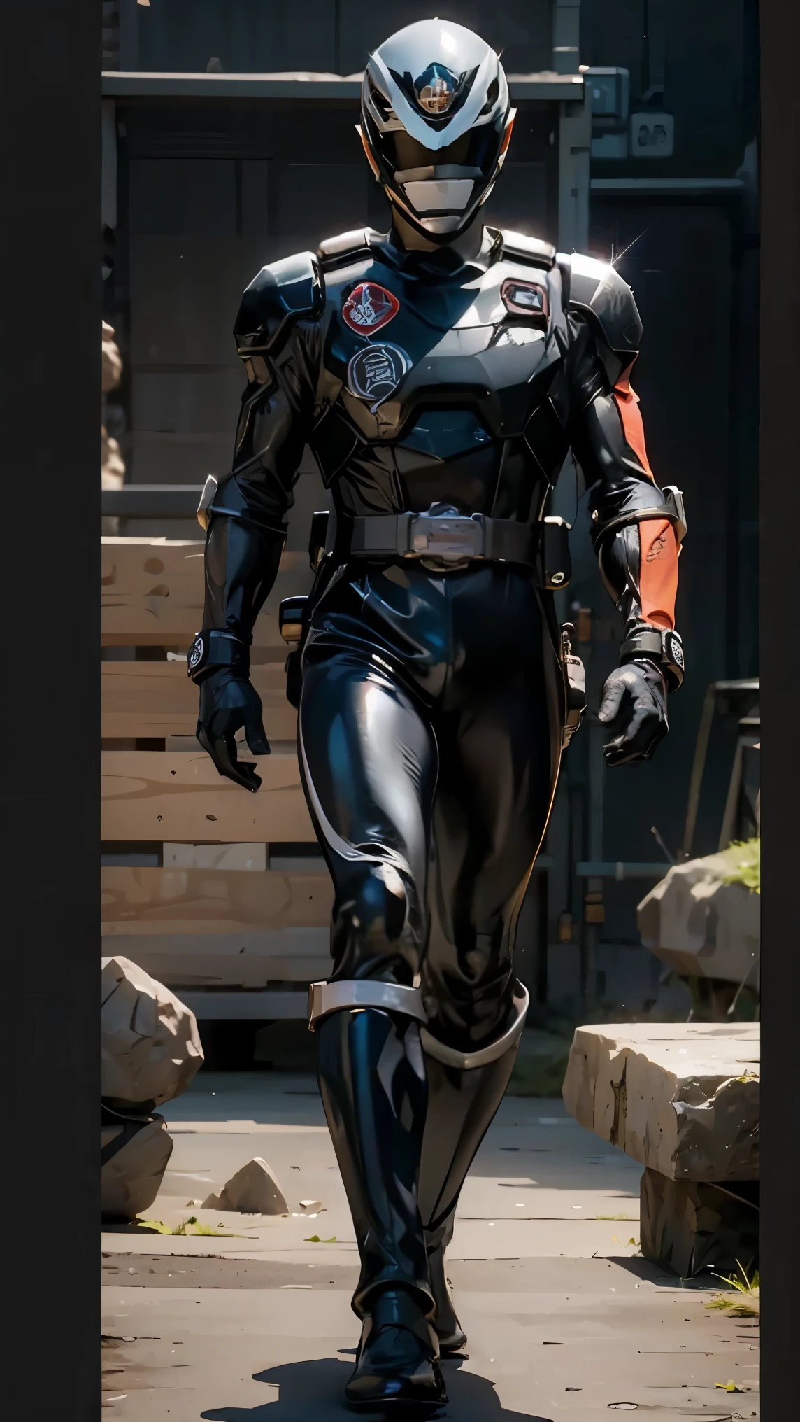 1boy, full body, Illustration, cinematic light, high resolution, best quality, ultra-detailed, masterpiece, power suit, powerranger, suit, spd, gold detail, ((Black suit)), earth particle, pebblems, stones floating,, ((ninja inspired pose))
