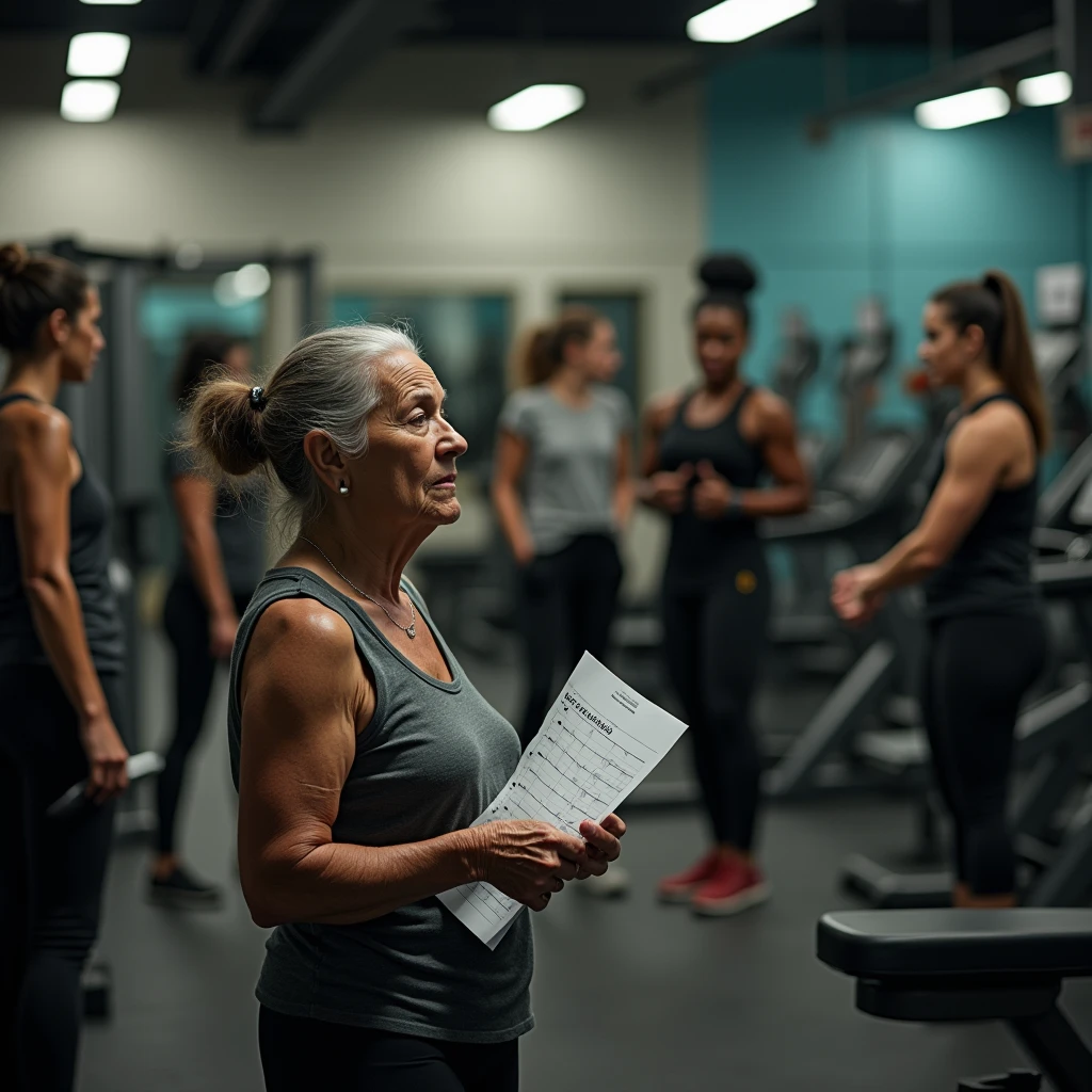 “Inside a bustling gym predominantly filled with women, the scene unfolds with various weight machines and exercise equipment in the background. In the foreground, prominently featured, stands an elderly Brazilian woman, 6, holding a workout sheet in her hand. She looks visibly desolate and abandoned, deeply upset as she struggles to understand how to perform her exercises. Despite her clear need for assistance, she is left unattended. In the background, in the second plane of focus, the young gym instructor—a 24-year-old Black woman wearing a black t-shirt with ‘PROFESSORA’ boldly written in uppercase letters—is seen completely overwhelmed. The instructor is surrounded by three female students, all of whom are visibly frustrated and demanding attention. The instructor’s inability to help the elderly woman, due to being overburdened with the other students, leaves the elderly woman feeling neglected and alone. The entire scene is set in a weight training gym with high-quality exercise machines, catering mainly to women.

The image should be captured with ultra-realistic quality using a Canon EOS R5 camera paired with an RF 50mm f/1.2L lens, known for its sharpness and depth of field, to emphasize the emotions in the foreground while keeping the background detailed. Lighting should be enhanced with a PolarPro QuartzLine ND filter for smooth contrast and balanced exposure. To achieve a warm, natural look, employ a Tiffen Glimmerglass filter, softening the harshness of the scene while maintaining detail. The final image should convey the intense emotions of abandonment and frustration, with the elderly woman in the foreground and the stressed instructor surrounded by upset students in the background.”