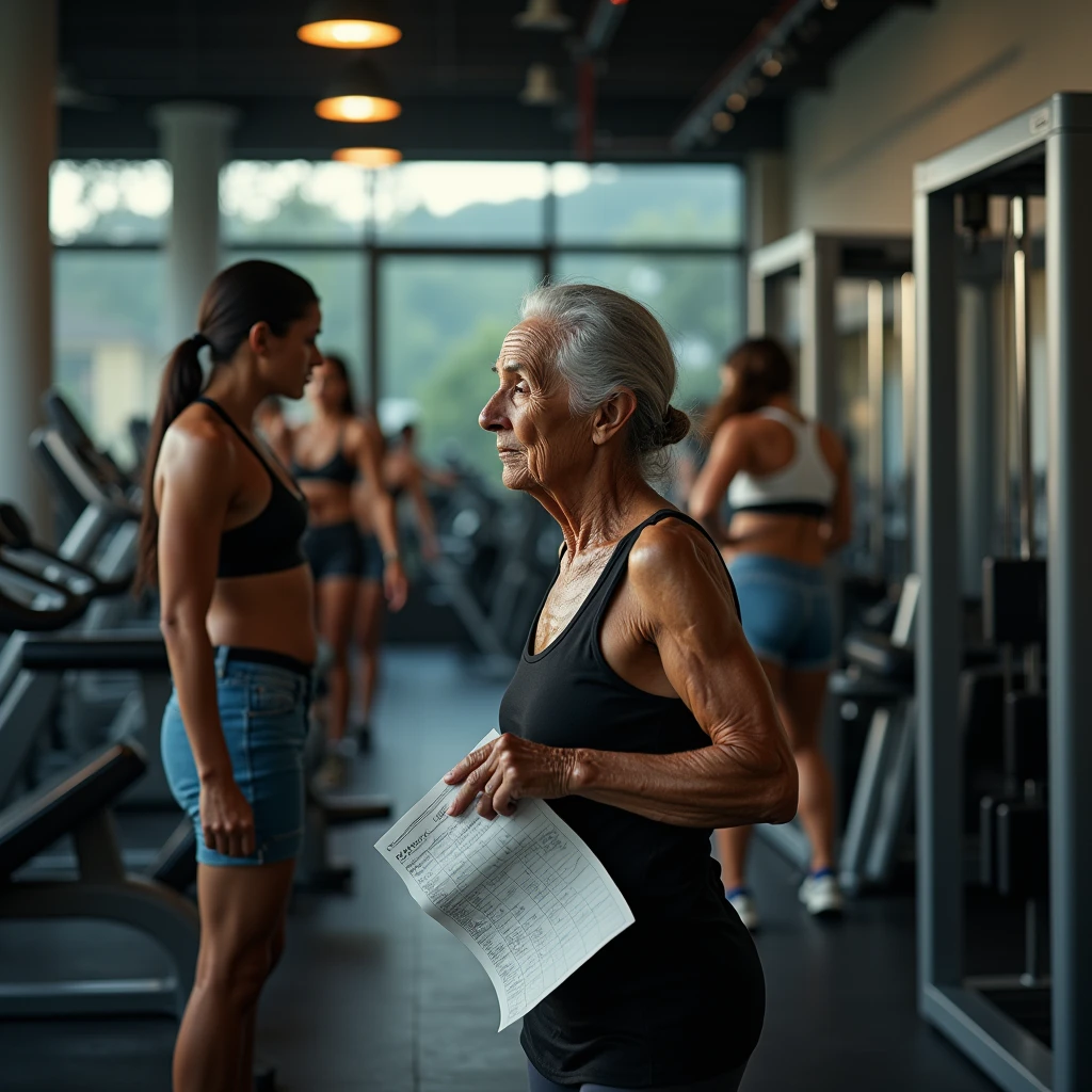 “Inside a bustling gym predominantly filled with women, the scene unfolds with various weight machines and exercise equipment in the background. In the foreground, prominently featured, stands an elderly Brazilian woman, 6, holding a workout sheet in her hand. She looks visibly desolate and abandoned, deeply upset as she struggles to understand how to perform her exercises. Despite her clear need for assistance, she is left unattended. In the background, in the second plane of focus, the young gym instructor—a 24-year-old Black woman wearing a black t-shirt with ‘PROFESSORA’ boldly written in uppercase letters—is seen completely overwhelmed. The instructor is surrounded by three female students, all of whom are visibly frustrated and demanding attention. The instructor’s inability to help the elderly woman, due to being overburdened with the other students, leaves the elderly woman feeling neglected and alone. The entire scene is set in a weight training gym with high-quality exercise machines, catering mainly to women.

The image should be captured with ultra-realistic quality using a Canon EOS R5 camera paired with an RF 50mm f/1.2L lens, known for its sharpness and depth of field, to emphasize the emotions in the foreground while keeping the background detailed. Lighting should be enhanced with a PolarPro QuartzLine ND filter for smooth contrast and balanced exposure. To achieve a warm, natural look, employ a Tiffen Glimmerglass filter, softening the harshness of the scene while maintaining detail. The final image should convey the intense emotions of abandonment and frustration, with the elderly woman in the foreground and the stressed instructor surrounded by upset students in the background.”