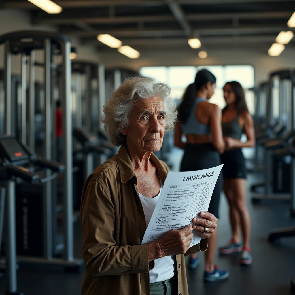 “Inside a bustling gym predominantly filled with women, the scene unfolds with various weight machines and exercise equipment in the background. In the foreground, prominently featured, stands an elderly Brazilian woman, 6, holding a workout sheet in her hand. She looks visibly desolate and abandoned, deeply upset as she struggles to understand how to perform her exercises. Despite her clear need for assistance, she is left unattended. In the background, in the second plane of focus, the young gym instructor—a 24-year-old Black woman wearing a black t-shirt with ‘PROFESSORA’ boldly written in uppercase letters—is seen completely overwhelmed. The instructor is surrounded by three female students, all of whom are visibly frustrated and demanding attention. The instructor’s inability to help the elderly woman, due to being overburdened with the other students, leaves the elderly woman feeling neglected and alone. The entire scene is set in a weight training gym with high-quality exercise machines, catering mainly to women.
The image should be captured with ultra-realistic quality using a Canon EOS R5 camera paired with an RF 50mm f/1.2L lens, known for its sharpness and depth of field, to emphasize the emotions in the foreground while keeping the background detailed. Lighting should be enhanced with a PolarPro QuartzLine ND filter for smooth contrast and balanced exposure. To achieve a warm, natural look, employ a Tiffen Glimmerglass filter, softening the harshness of the scene while maintaining detail. The final image should convey the intense emotions of abandonment and frustration, with the elderly woman in the foreground and the stressed instructor surrounded by upset students in the background.”
