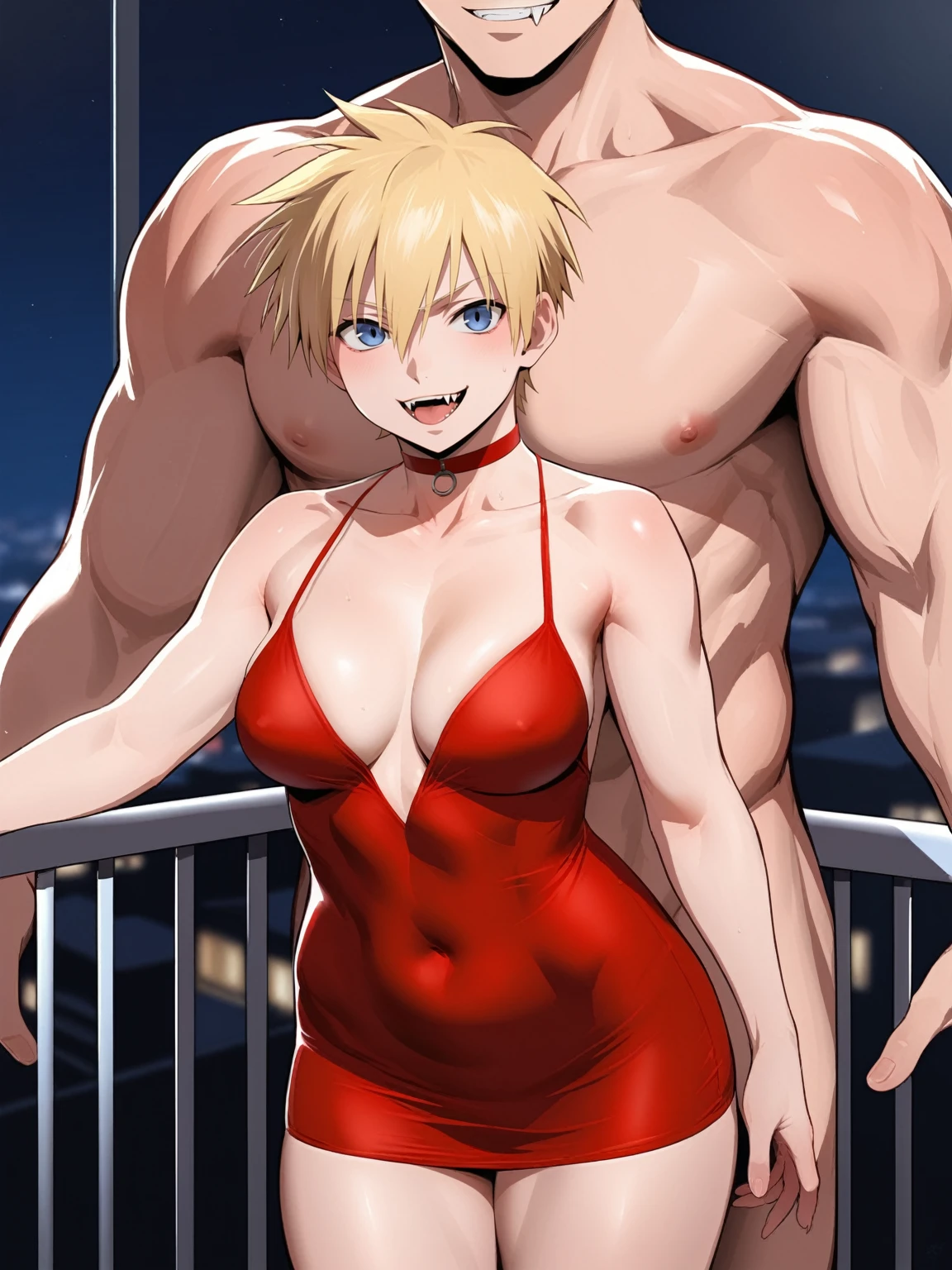 score_9, score_8_up, source_anime, standing, hellsing, seras, blonde hair, nude, indoors, night, night sky, nighttime, vampire, smirk, fangs, ikuchan, balcony, town background, nude male, huge penis, huge testicles, muscular male, medium breasts, boyfriend, couple, looking at viewer, faceless male, light skinned male, cuckold pov, ntr, netorare, standing side by side, standing, cuckolding, cuck, 1girl, 1boy, smug, humiliation, ((faceless male)), ((size difference)), tall male, ((worship)), licking abs, ((light skinned male))), gown, dress, bulge, navel, short dress, red dress, furry, tiger, anthro on human, tiger girl, chubby, bbw, male head out of frame, ((size difference)), , ((large male)), black haired male, solo focus, choker, solo focus