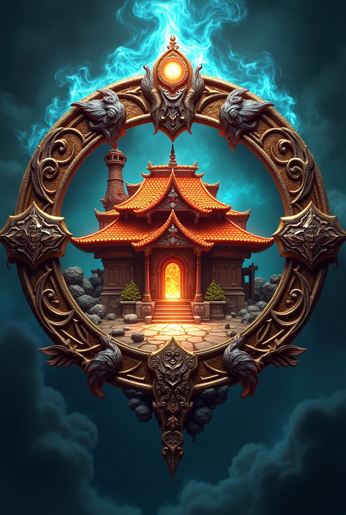 I want an emblem for a Word of Warcraft brotherhood inspired by the Dragon Ball Z series. It also has to have the name KAME HOUSE at the top of the emblem with letters similar to those in Word of Warcraft. I also want Master Roshi's house from the Dragon Ball Z series to be in the middle of the emblem.