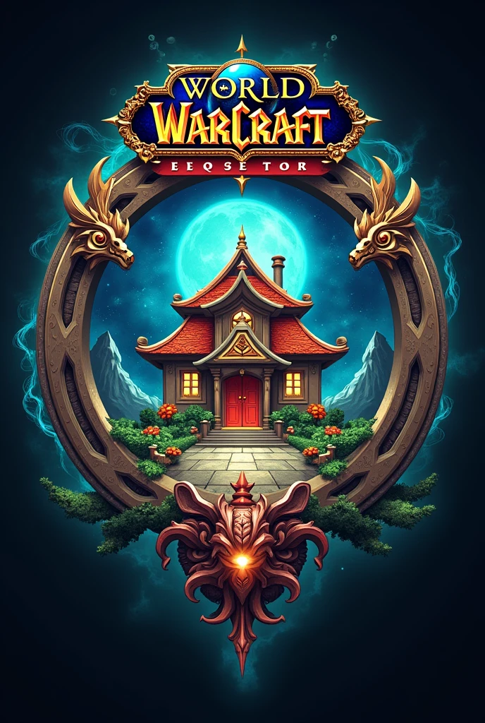 I want an emblem for a Word of Warcraft brotherhood inspired by the Dragon Ball Z series. It also has to have the name KAME HOUSE at the top of the emblem with letters similar to those in Word of Warcraft. I also want Master Roshi&#39;s house from the Dragon Ball Z series to be in the middle of the emblem. 