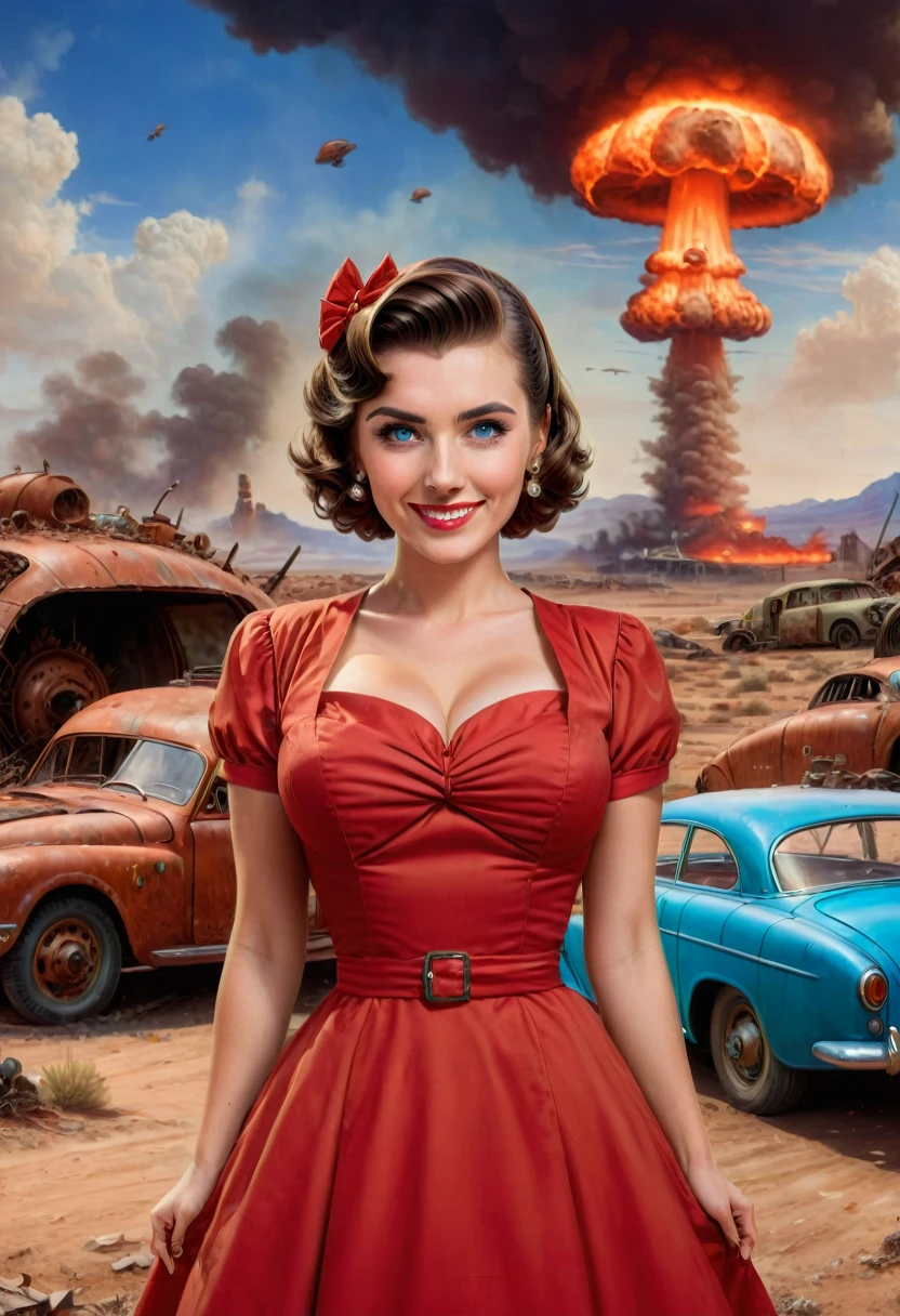 A beautiful woman with blue eyes, has medium length brown hair,(she has an italian cut hairstyle), wearing a 1950s style red dress, she is smiling slightly, illustration, pin up style, fallout desert background, broken down rusty old car, ((((1 nuclear mushroom cloud in the distance)))), full body, (((in the style of a fallout 4 poster))),trending on CGSociety and ArtStation