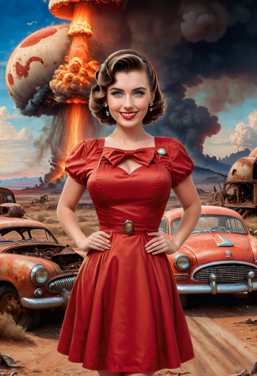 A beautiful woman with blue eyes, has medium length brown hair,(she has an italian cut hairstyle), wearing a 1950s style red dress, she is smiling slightly, illustration, pin up style, fallout desert background, broken down rusty old car, ((((1 nuclear mushroom cloud in the distance)))), full body, (((in the style of a fallout 4 poster))),trending on CGSociety and ArtStation