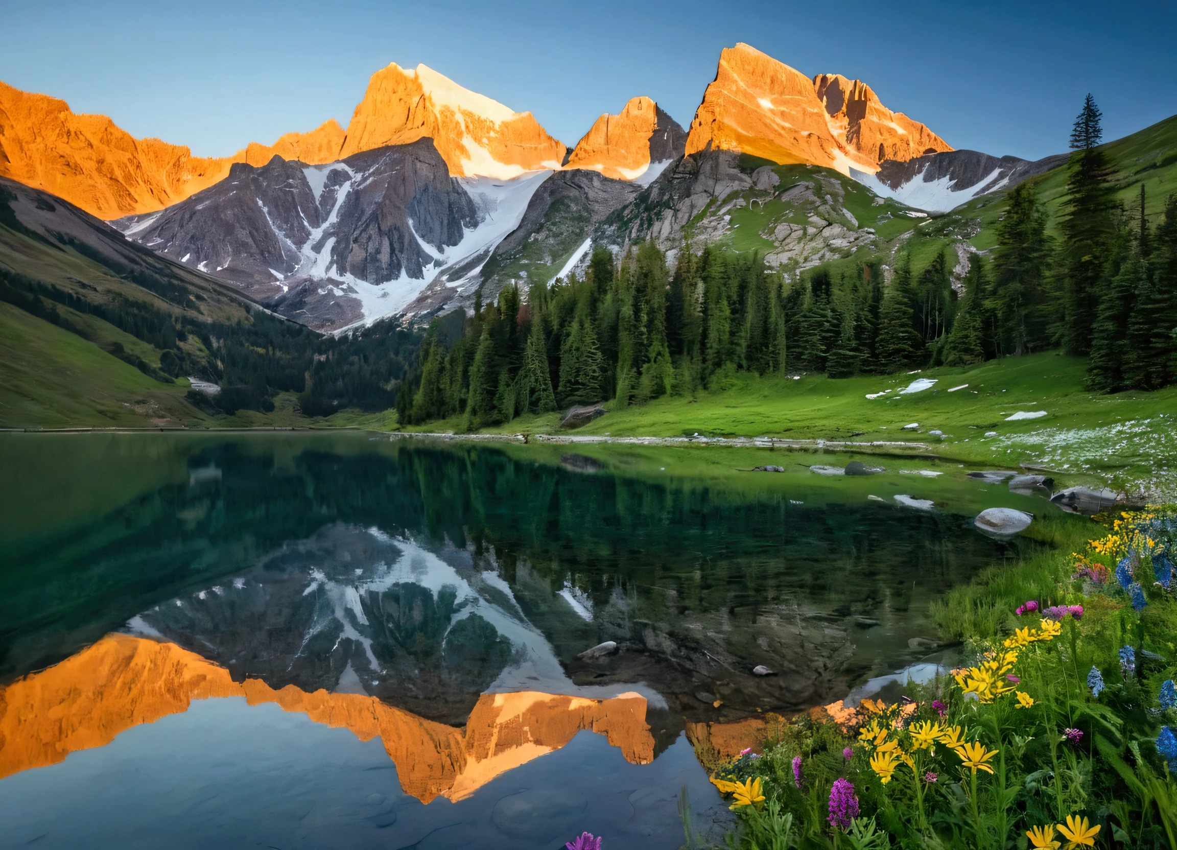 "A stunning 8K resolution landscape showcasing an early morning in a pristine mountainous region. The scene captures the golden light of the sunrise gently illuminating the rugged mountain peaks, which are partly covered with snow. A crystal-clear lake lies in the foreground, perfectly reflecting the towering mountains and the vibrant hues of the dawn sky. The water’s surface is mirror-like, adding a sense of calm and serenity to the scene. Surrounding the lake, lush green meadows are scattered with colorful wildflowers, while tall, majestic trees stand by the water's edge. The overall atmosphere is one of tranquility and awe, capturing the raw beauty of nature in incredible detail."