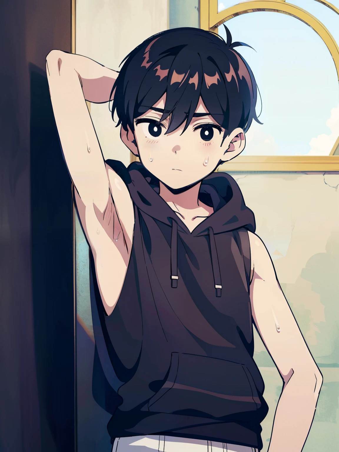 Highres, Masterpiece, Best quality at best,Best Quality,hight quality, hight detailed, Anime style, 1boy, Shota, young boy, Solo person, Omori, black hair,bright pupils, outline, white pupils, white outline, look at viewer,Sleeveless hoodie, Bare shoulder, belt, flat chest, upper body, Wall beckground, Seen from the front, (Showing armpit:1.3), (very young boy), (very small and short body), simple beckground, hansome boy, Uhd, bokeh, sweat