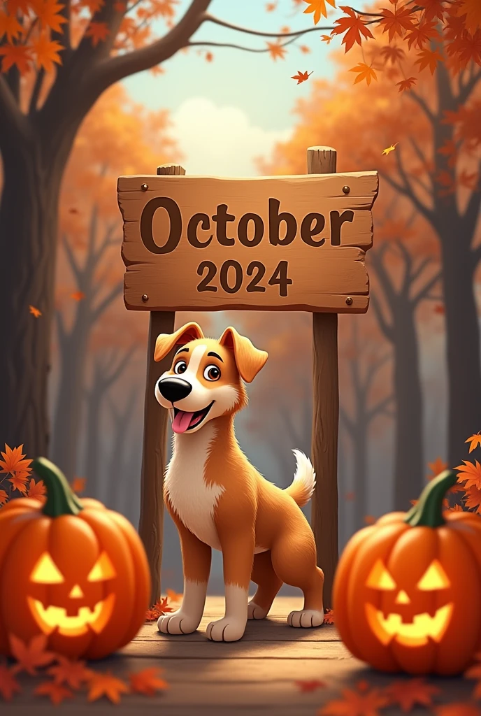 Dog image a sign that says "FFI  Outubro  2024" and halloween pumpkin
