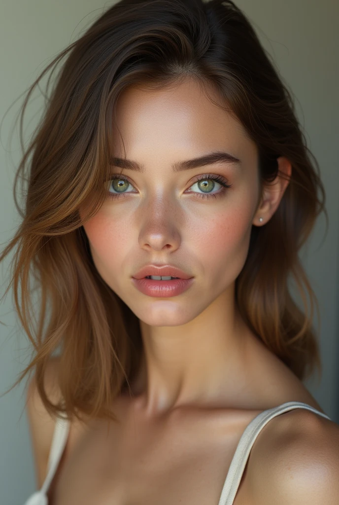 (photo realism 1.2) Beautiful, very realistic woman with fine features and a square jaw. Very detailed dark green eyes and shoulder-length light brown hair. very detailed