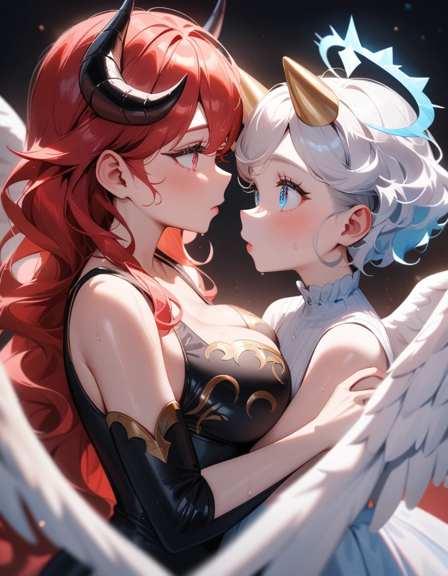 duo, gynomorph/femail, dominant gynomorph, humanoid/human, human on anthro, yuri, kiss, saliva trail, hug, Missionary position, ((blue skin:1.3) dark red hair, very long hair,horn, Large bat-like wings, Spade Tail, Succubus, devil, seducer, (Large Breasts:1.2) , black armor, (muscula:0.8), larger female), (white skin, young larger female, (Huge Breasts) , blonde hair, medium hair, nun)