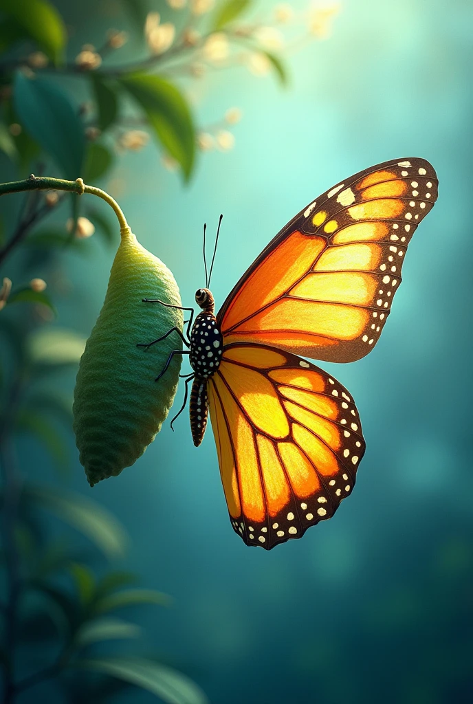 

"Create an inspiring image showing a vibrant butterfly emerging from its cocoon. The background should be soft and ethereal, with shades of blue and green, symbolizing transformation and renewal. The butterfly should be detailed and colorful, representing metamorphosis and personal growth, without words, just the image."