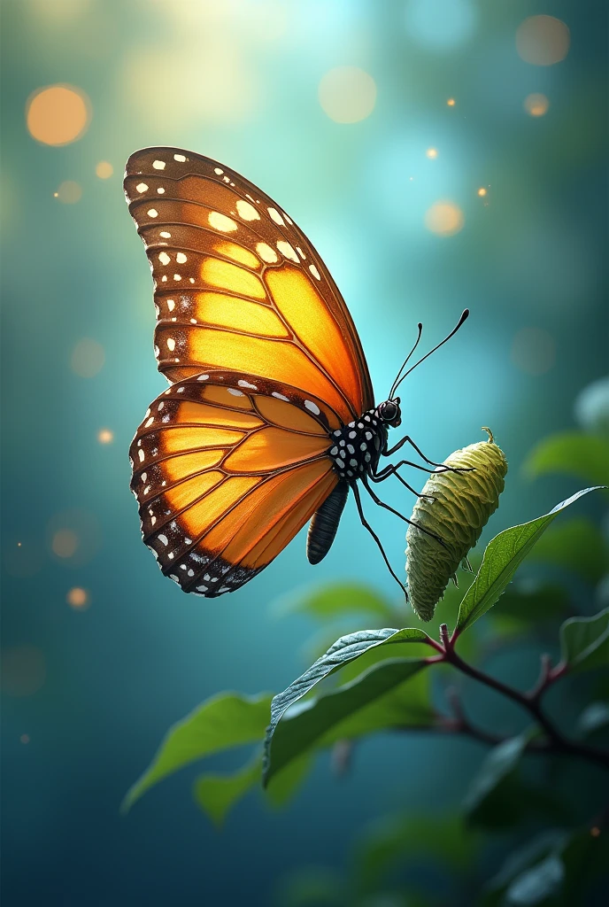 

"Create an inspiring image showing a vibrant butterfly emerging from its cocoon. The background should be soft and ethereal, with shades of blue and green, symbolizing transformation and renewal. The butterfly should be detailed and colorful, representing metamorphosis and personal growth, without words, just the image."