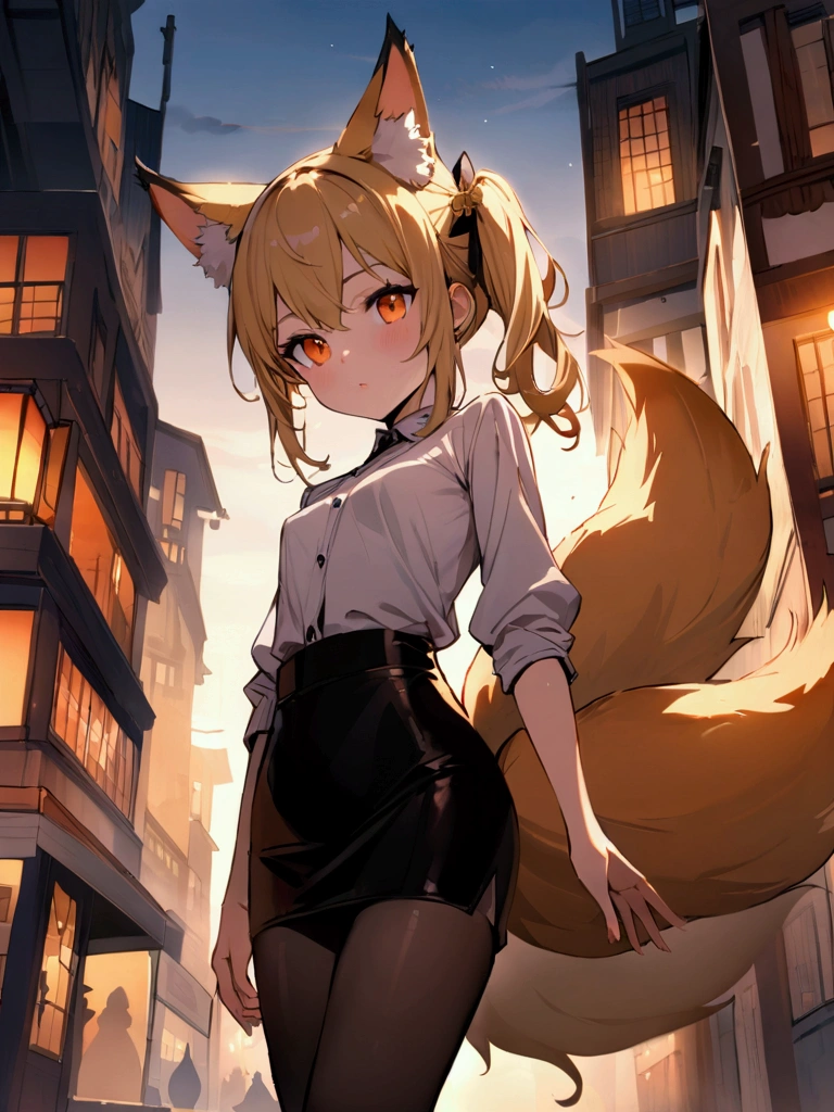(masterpiece, Best Quality) junior,detailed, (beautiful,small breasts),Wearing black stockings, rubio,by the wide, side ponytail(Golden butterfly headband), elegant, (fox ears),nine-tailed fox tail, red eye shadow, gold eyes, femur,漏出femur,White shirt, black pencil skirt, city background,Girl,evening