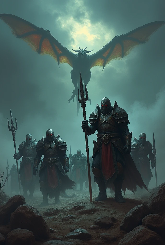 Create me an image with a dark and gloomy tone, with an army of World of Warcraft-style warriors, carrying weapons such as swords, axes, bows, crossbows, and staffs of ice and fire magic. There should be dragons in the sky representing the warriors, with flames coming out all over the place with red and yellow colors, keeping the gloomy style. Place a text underneath that says "Umbra Draconum".