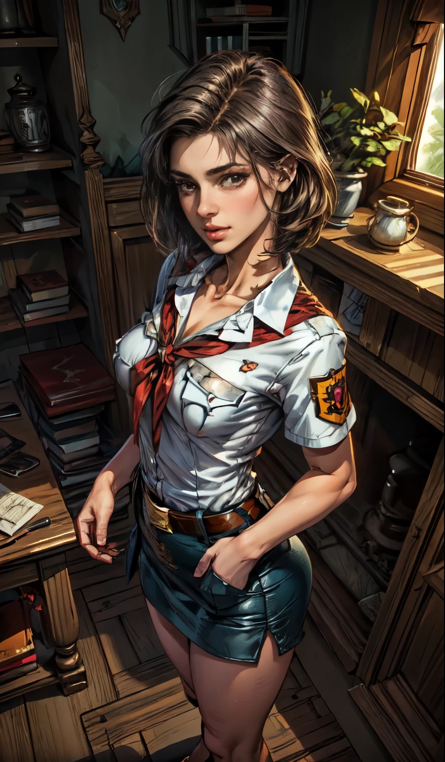 detailed eyes, (full body shot:1.2), 8k, (skinny body:1.2), curvy, (hands behind her back:1.2), seductive pose, (looking at viewer, 8k vector photography, young teen, beautiful eyes, realistic lighting, detailed outfit, realistic facial features, hyper detail, (perfect angle, focus on face hips and breastegane)), (very short dark straight hair:1.3), flat chest, pioneer neckerchief, micro blue tight skirt, bangs, shirt, collarbone, very tight white shirt, short sleeves, collared shirt, belt, eyelashes, red neckerchief, breast pocket, resembles a sex doll, maryarya