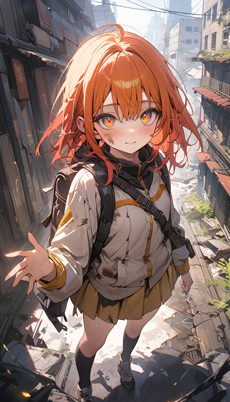 (A girl standing looking up to the sky:1.5), (beautiful girl, detailed beautiful face, beautiful shining eyes, messy hair, dirty tattered clothes, dirty tattered rucksack, assault rifle:1.2), cowboy shot, 
city, A devastated urban landscape of the future, Collapsed skyscrapers, Piles of rubble, Rusted steel frames are exposed, The entire city is shrouded in a gray fog, The sun's rays barely reach the city, Cracked roads, Weeds are overgrown, Abandoned cars, 
((very detailed, ultra-high resolution, absurdres: 1.3, highres: 1.3, masterpiece: 1.3, best quality, very aesthetic, fine texture, newest, perfect lighting: 1.2, best shadow, sharp focus: 1.3, high color saturation)), (anatomically correct, perfect hands: 1.2), (professional photography:1.2), 