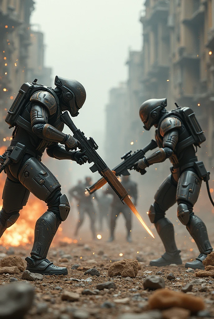 A group of soldiers armed with futuristic advanced armor fighting each other in a destroyed setting