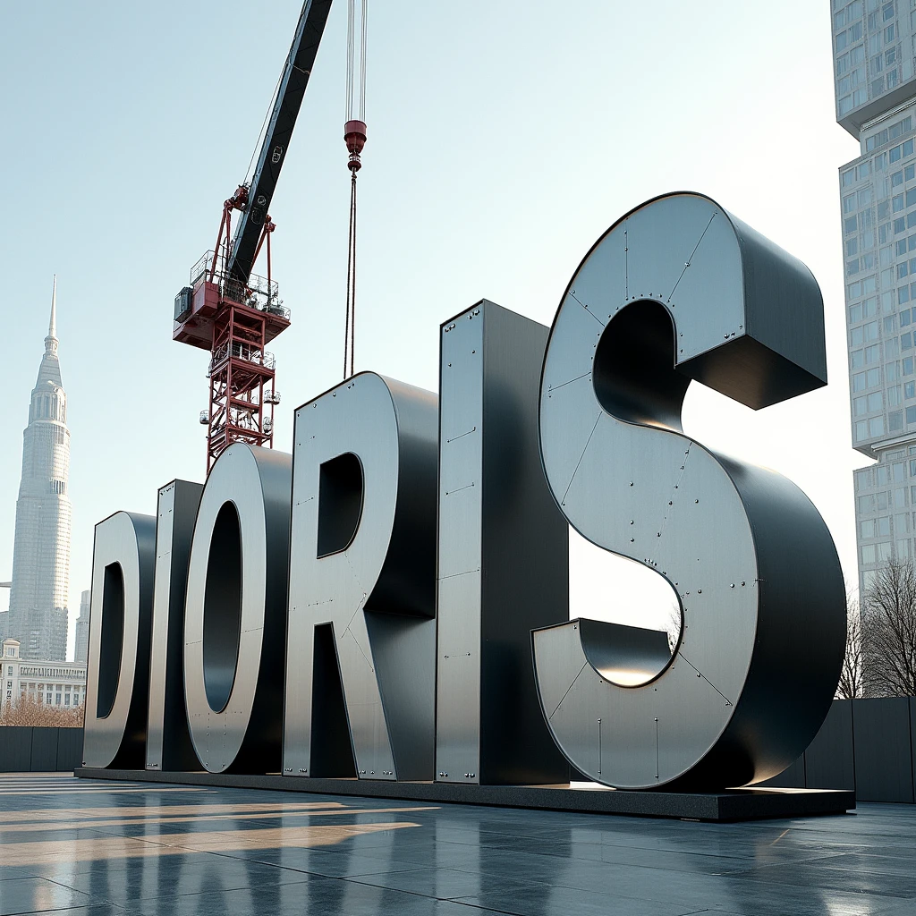 Placing these giant thick letters DIORIS using a crane