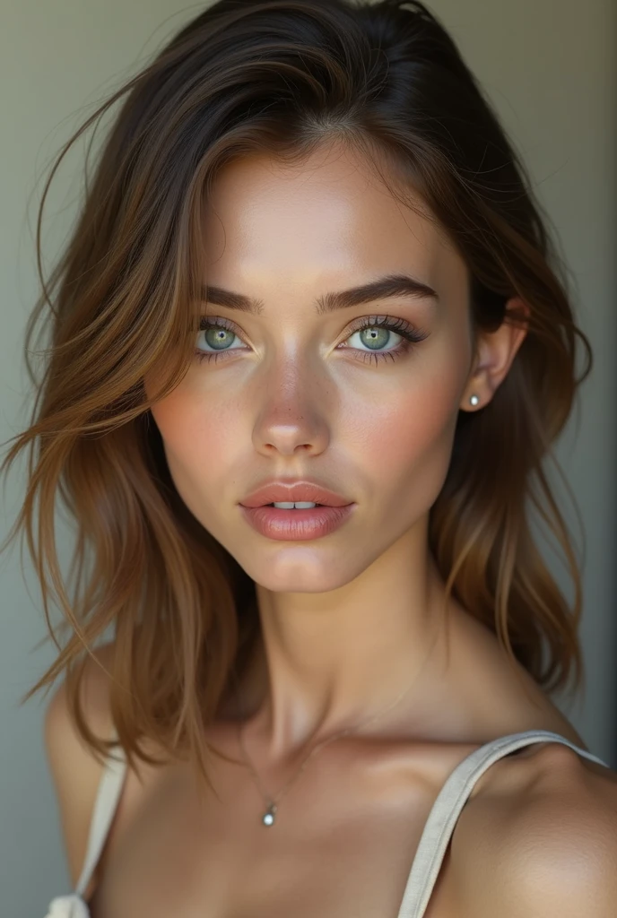 (photo realism 1.2) Beautiful, very realistic woman with fine features and a square jaw. Very detailed dark green eyes and shoulder-length light brown hair. very detailed