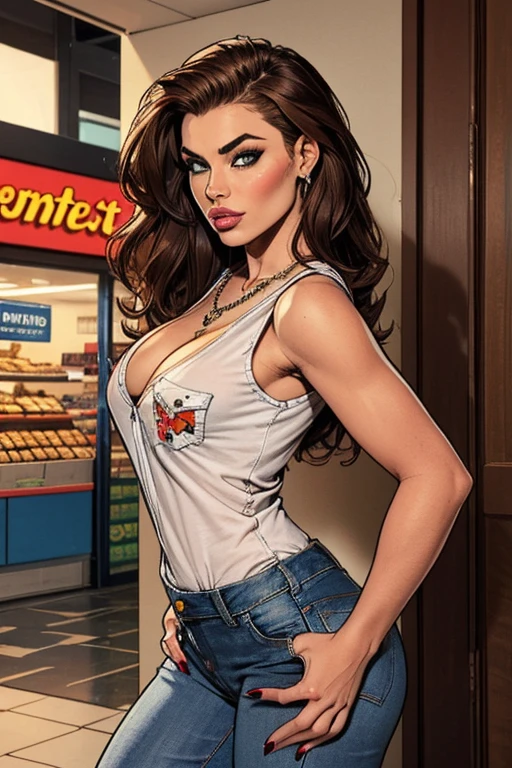 1girl, total MILF, solo, very detailed, Beautiful spanish woman, Erotic seductress Carmen Electra, long brunette hair, looking at viewer, beautiful eyes, brown hair, full lips, huge perfect breasts, big boobs, perky tits, busty, booty, jewelry, loose white shirt, sleeveless shirt, very deep cleavage, pants, necklace, nail polish, lips, head tilt, denim blue jeans pants, red nails, hand in pocket, jeans, print shirt, background: shopping mall supermarket cookies section. Sexy pose, sensual, art style by J. Scott Campbell, shy and blushing face, sexual desire, high quality, ultra HD, SFW