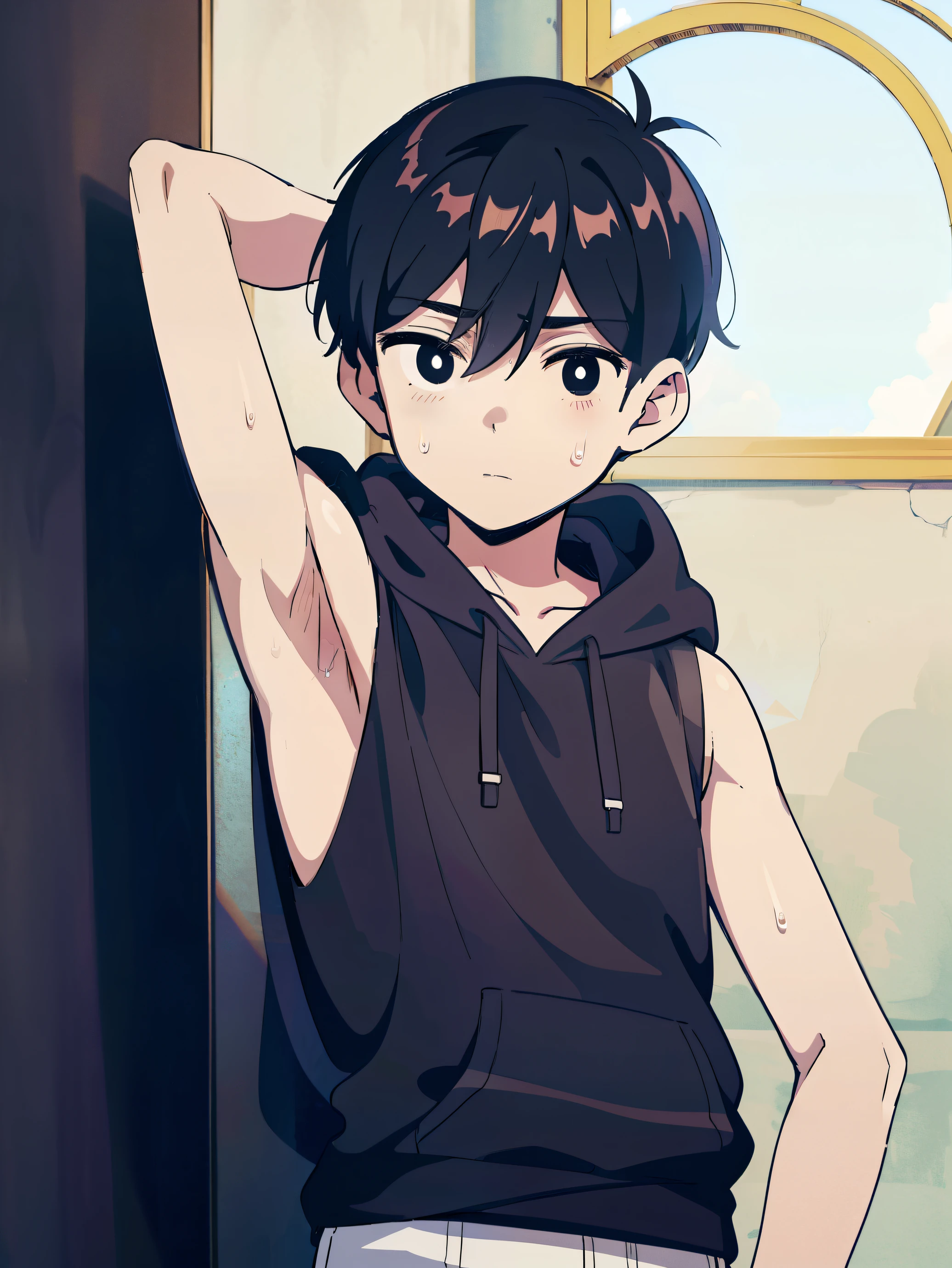 Highres, Masterpiece, Best quality at best,Best Quality,hight quality, hight detailed, Anime style, 1boy, Shota, young boy, Solo person, Omori, black hair,bright pupils, outline, white pupils, white outline, look at viewer,Sleeveless hoodie, Bare shoulder, belt, flat chest, upper body, Wall beckground, Seen from the front, (Showing armpit:1.3), (very young boy), (very small and short body), simple beckground, hansome boy, Uhd, bokeh, sweat