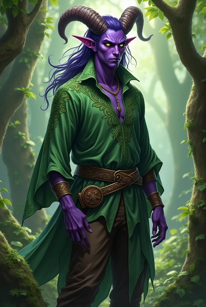 Create a tiefling, his skin is purple, he is a druid, he has a green shirt with leaf details on it, he has dark brown pants