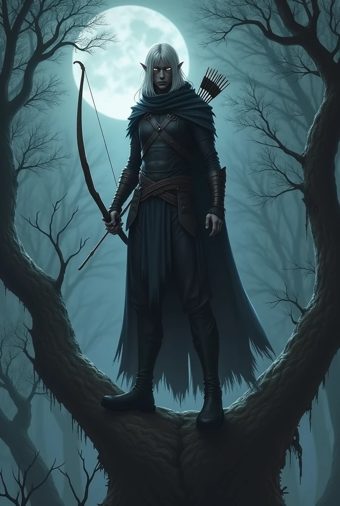 Create the image of a age dark elf in a fantasy setting. He is on top of a tall, massive tree, with a threatening expression. His skin is dark gray and he has long, straight white hair., partially hidden by a dark hood. His face is partially covered by a mask that goes up to his neck.. He wears tight-fitting leather armor, perfect for blending into shadows, and holds a thin, well-crafted bow, with a quiver of arrows on his back. His eyes glow faintly, and the surrounding scenery is a dense, dark forest under a moonlit sky."
Make him more human remember the hood