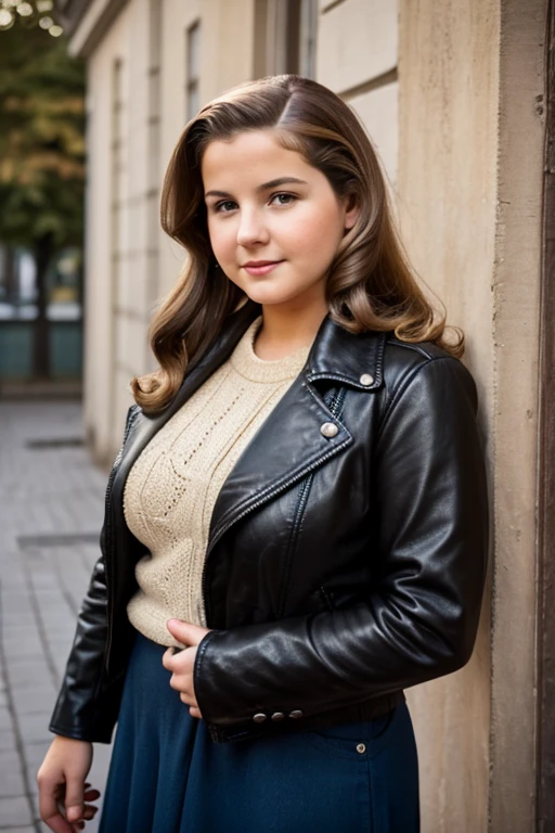 Medium view, of young aged, 16 year old, mom, gilf, milf, face portrait, jewish features, chubby, long hair, brown hair, 1940s hair style, 1940s clothing, leather jacket, in berlin 1936,