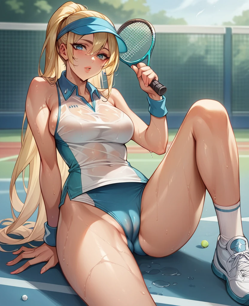 Beautiful blonde, slim, with a tennis uniform, playing sexy, camel toe (maximum detail on wet skin) (special detail in eyes and lips)