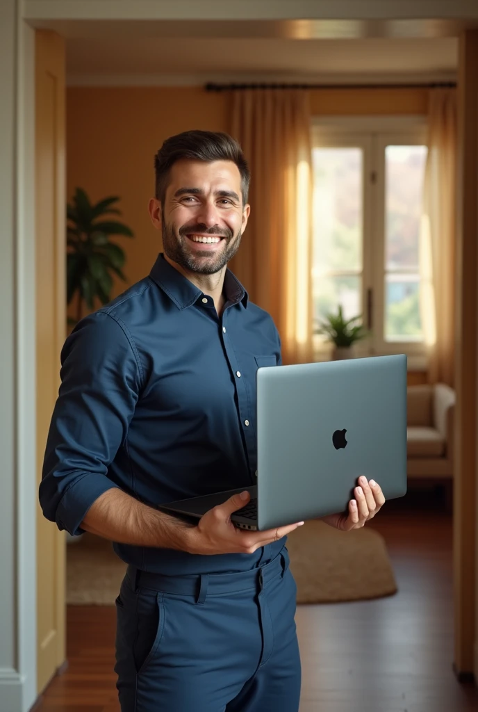 (photorealism:1.2), Smiling man, handsome and dressed in the classic attire of a computer technician, and his body comes out from a mobile phone seen from the side, Delivering a laptop to a client&#39;s home, The background of the scene should be of a warm modern home