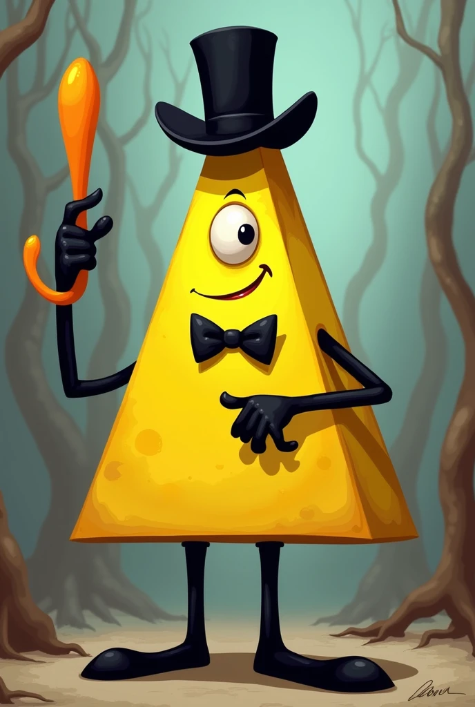 yellow triangle with one eye, bowtie, tophat and black limbs holding a dildo