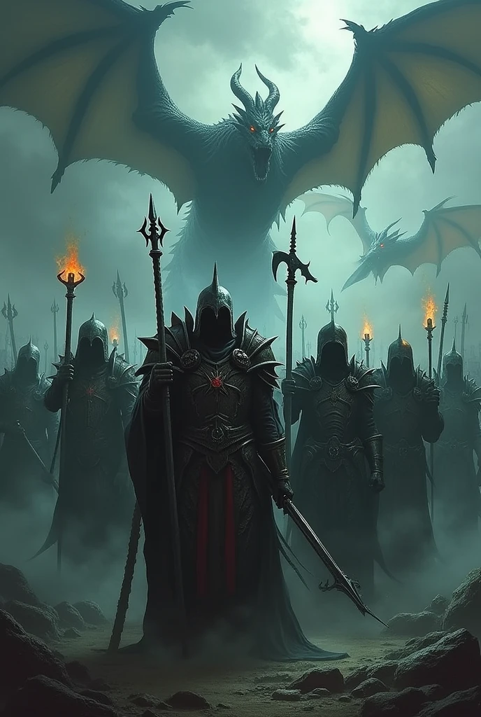 Create me an image with a dark and gloomy tone, with an army of World of Warcraft-style warriors, carrying weapons such as swords, axes, bows, crossbows, and staffs of ice and fire magic. There should be dragons in the sky representing the warriors, with flames coming out all over the place with red and yellow colors, keeping the gloomy style. Place a text underneath that says "Umbra Draconum".