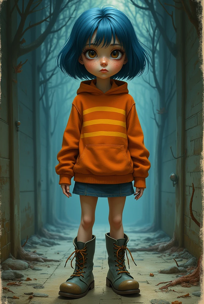 [subject], 1970s dark fantasy book cover art. (Coraline a visual companion) A girl with short hair, blue hair, brown eyes, freckles. Striped orange sweatshirt, boots