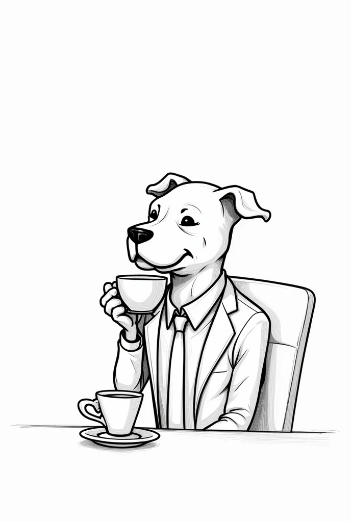 Line drawing only outlines Human body in suit with Pitt bull dog head happy tender drinking coffee sitting at a table