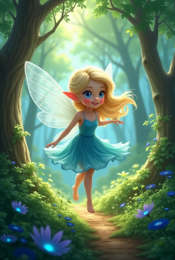 A fair-skinned fairy, blue colored eyes, very light blonde hair, pointy ears, with a blue dress and beautiful wings flying in an enchanted forest in cartoon style