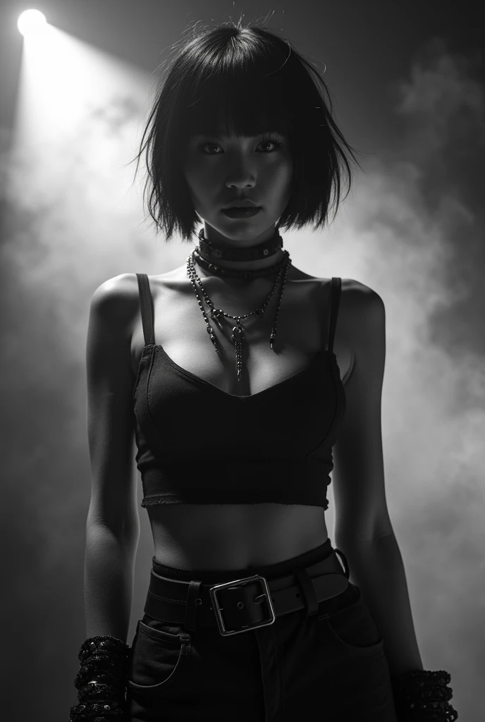 Black and white photography、Live footage、Asian woman with short bob、band、skirt、Beautiful Face、Punk Rock、Large Breasts、Satomi Ishihara、Cleavage、Stage Lighting、smoke、mist、