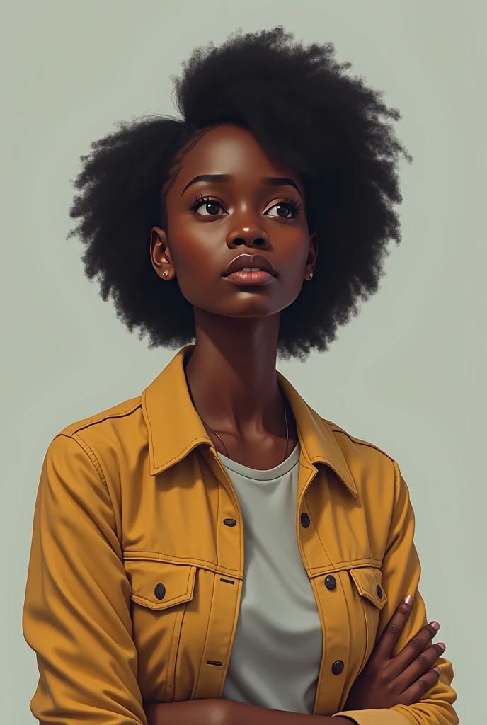 Une jeune fille noir de 19 ans , c'est une Haïtienne, (pour savoir sa couleur de peau)
Elle vient de terminer le lycée, et elle troublée à cause qu'elle ne sait qu'elle orientation à donner à sa vie, c'est à dire le choix de sa carrière. Mais elle veut être ingénieure civil mais elle doute de sa capacité. Je veux tout cela dans une image