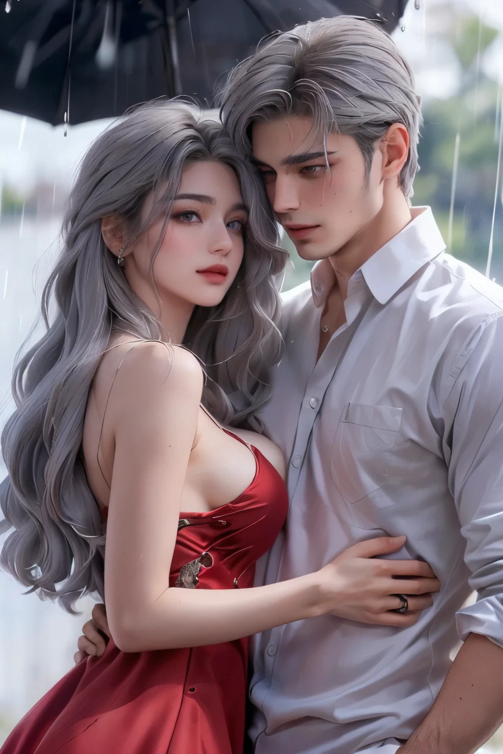 (masterpiece), (5K), (best quality), 2d Couple, ((a young gray hair couple)), ((a gray long hair woman , vivid eyes, small boobs, red dress)), brown eyes, ultra well detailed eyes, ((a gray hair guy, wearing a prince cloth)), beautiful couple pose, raining