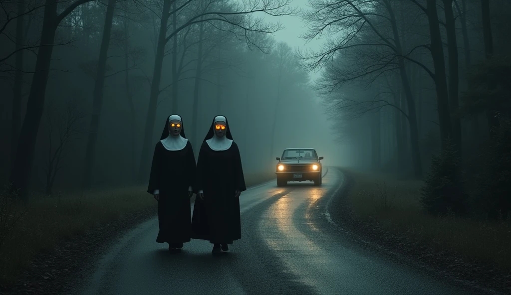 Create a realistic and dark image of a vehicle traveling on a wooded curve and the appearance of two nuns walking through the wooded curve, Nuns must have fire in their eyes