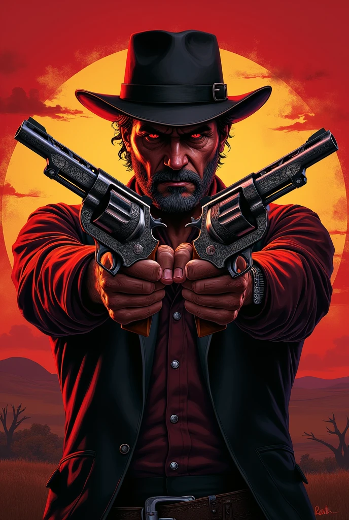 Micah Bell from Red Dead Redemption 2 How he crosses his revolvers covered in blood and has red eyes