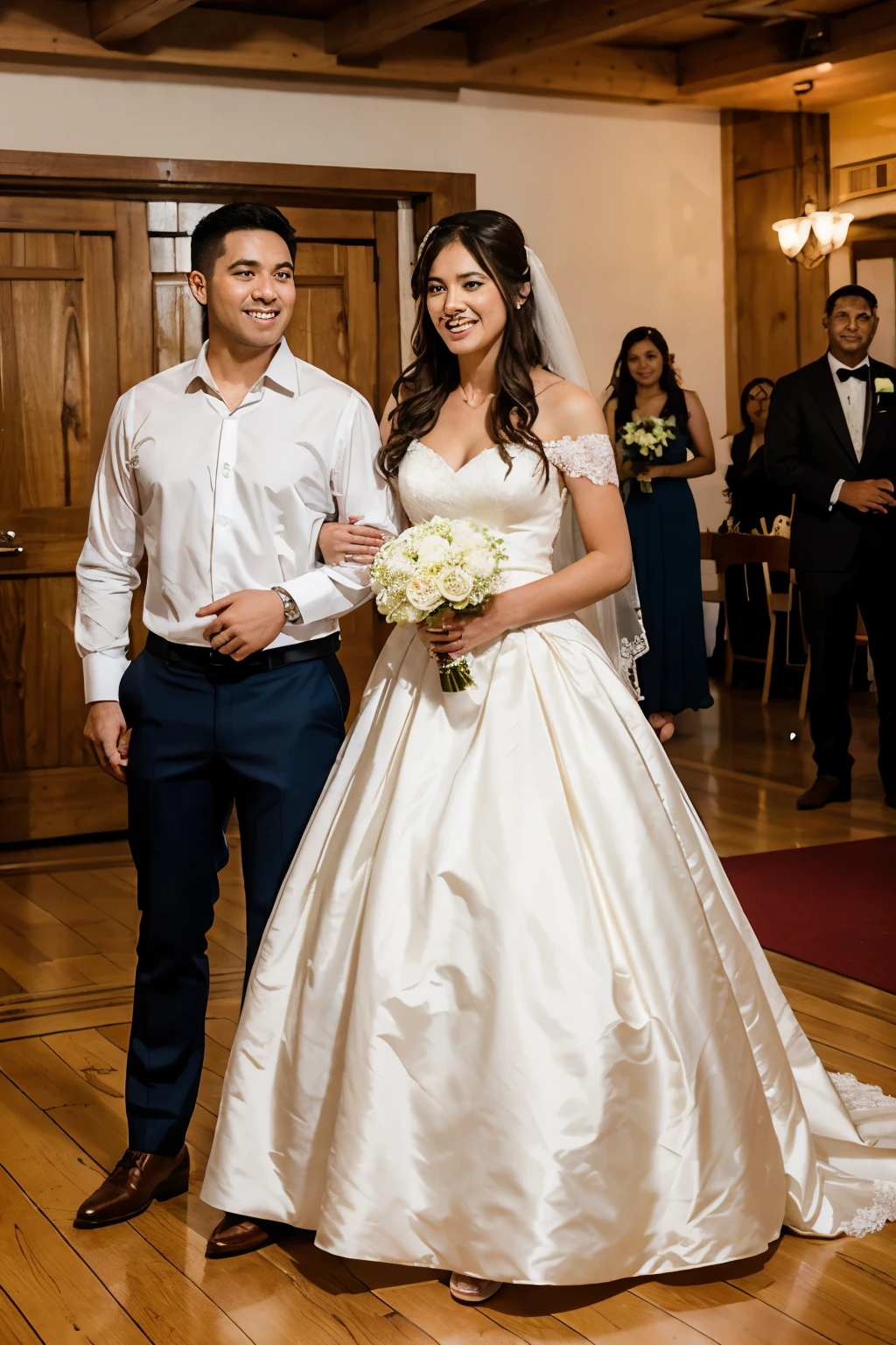 Disney couple, tan skin chubby boy with low fade black hair caut wearing cream suit with brown boots, wearing silver ring on left ring finger holding hands with light skin chubby girl wearing weddding dress has long black hair wearing wedding veild had diamond ring on left ring finger