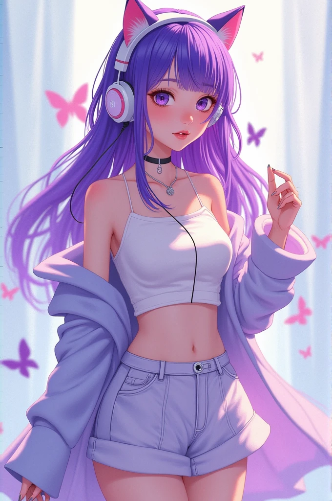 Korean purple hair butterfly woman with headphone and mini skirt and crop top 