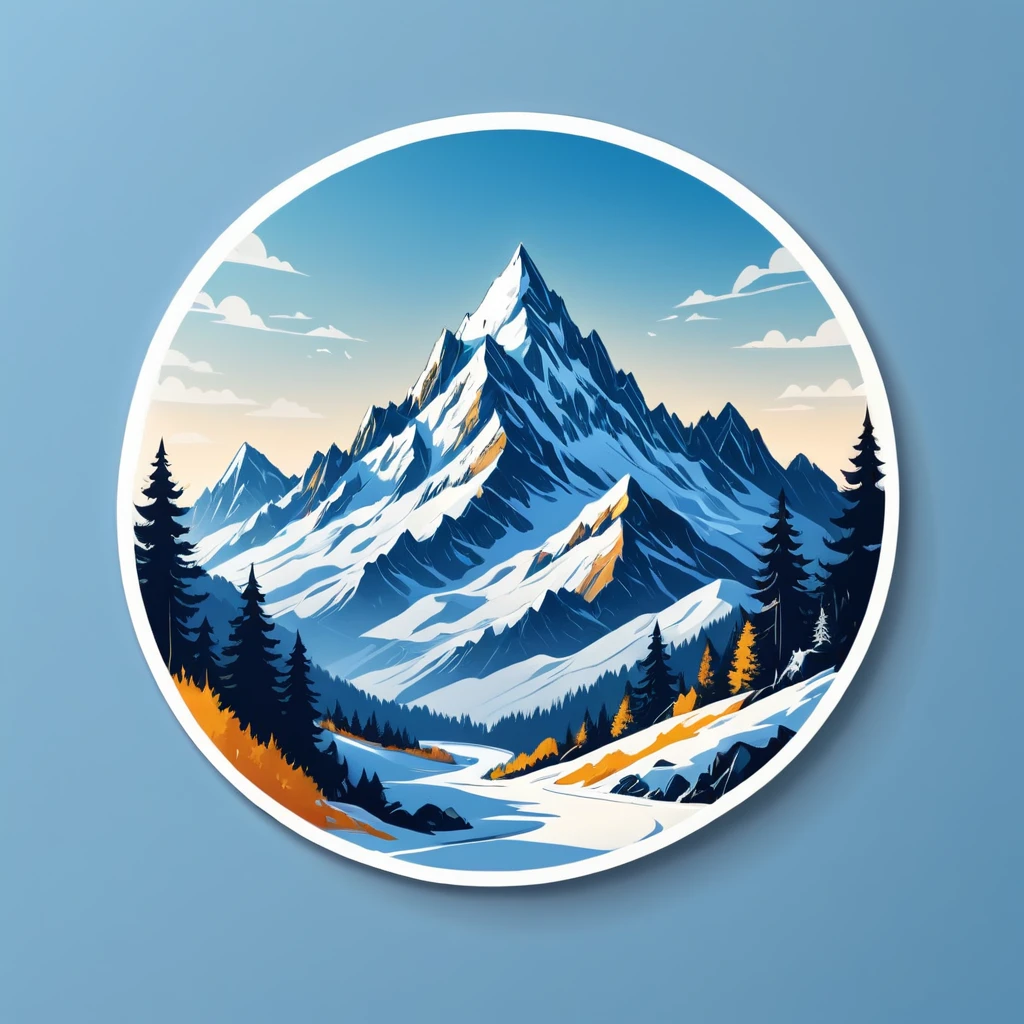(Sticker),White background,(in circle), winter mountain with sport, ,Simple, Ultra detailed, Detailed drawing, vectorised, Silhouette, 8K, professional sticker design, Flat design, Vector lines, Sticker, Full-HD