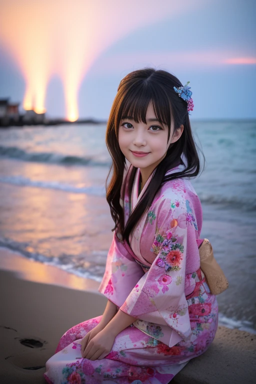 Beautiful female face, ,Vivid and charming eyes, drama, A masterpiece of the finest quality, Realistically, detailed, 8K, High Dynamic Range, Shallow depth of field, Movie Lighting, bloom, Shining, Chromatic Aberration, Clear focus: girl hugging Shiba Inu and kissing、beautiful aurora ，Happy，fireworks，seaside，Real beauty and sweetness，Japanese，kimono，dress